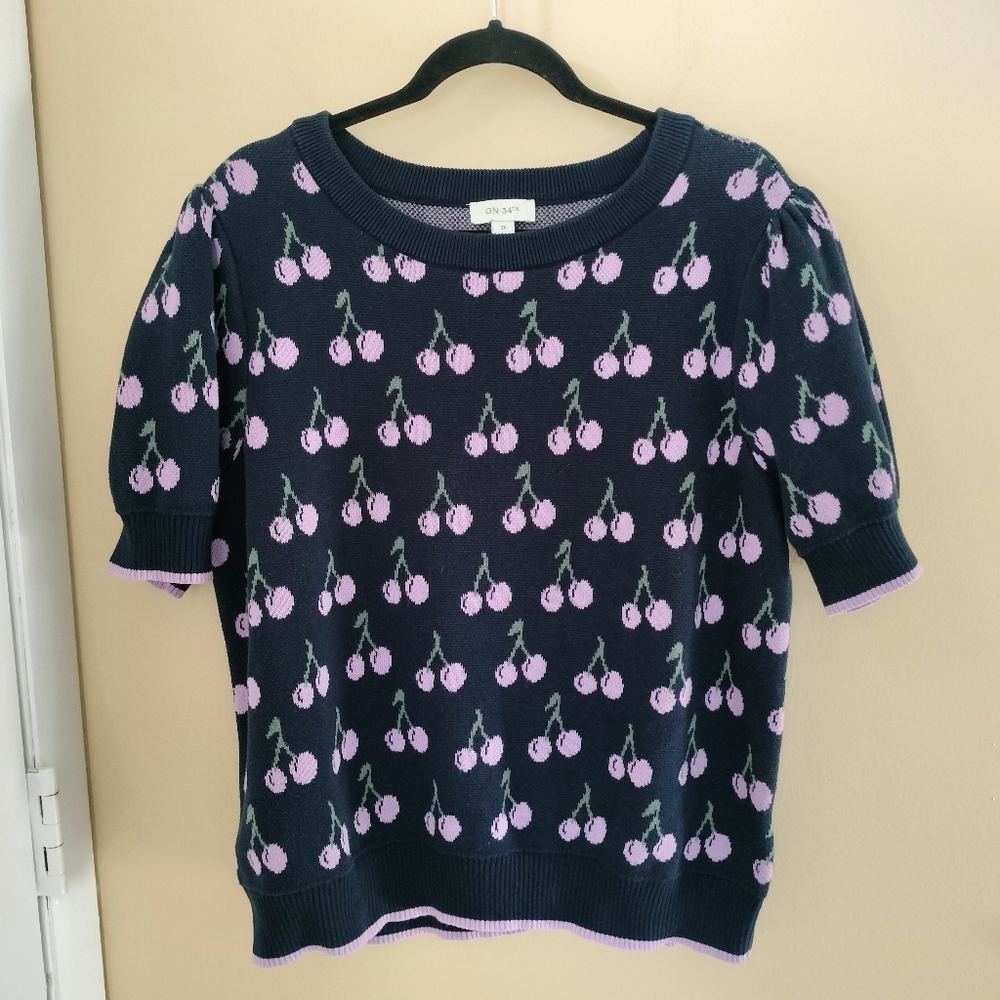 On 34th Navy Lavender 2X Cherry Jacquard Puff Sleeve Sweater Artsy Whimsical